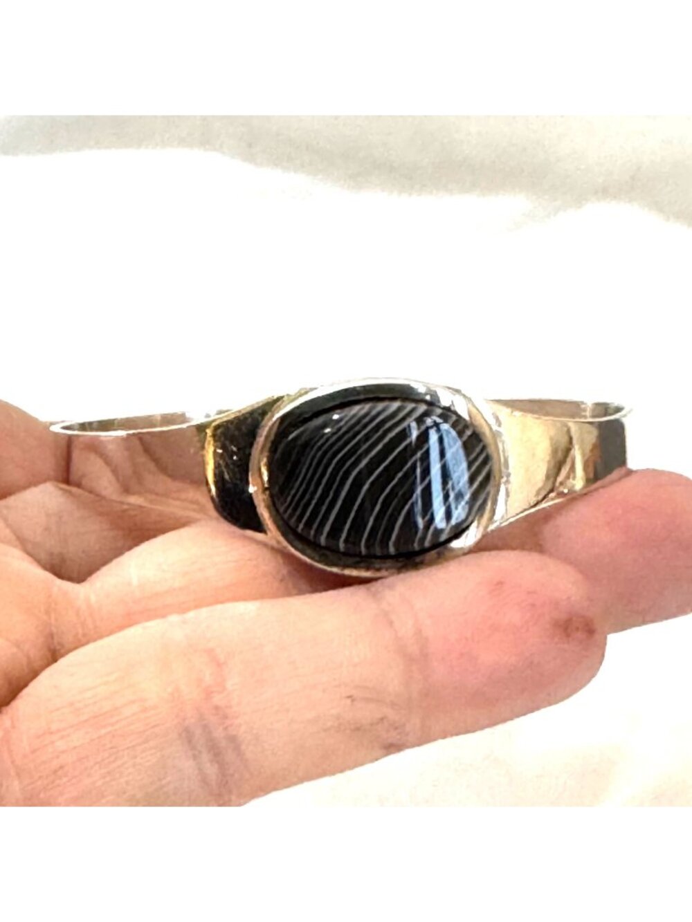 Black Lace Agate Sterling Silver 925 Bezel Set Cuff Bracelet 2.25'' Diameter